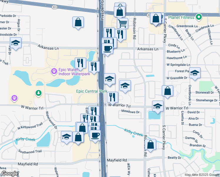 map of restaurants, bars, coffee shops, grocery stores, and more near 2990 State Highway 161 in Grand Prairie