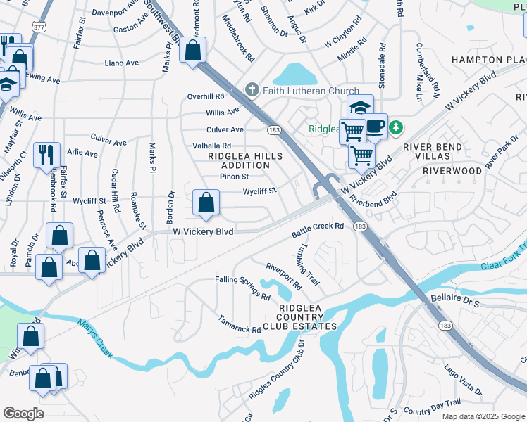 map of restaurants, bars, coffee shops, grocery stores, and more near 7517 Overhill Road in Fort Worth