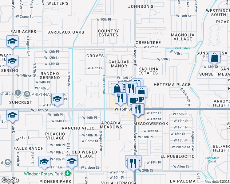 map of restaurants, bars, coffee shops, grocery stores, and more near 2704 West 15th Street in Yuma