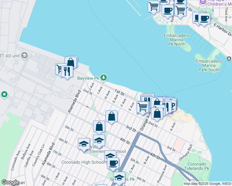 map of restaurants, bars, coffee shops, grocery stores, and more near 135 G Avenue in Coronado