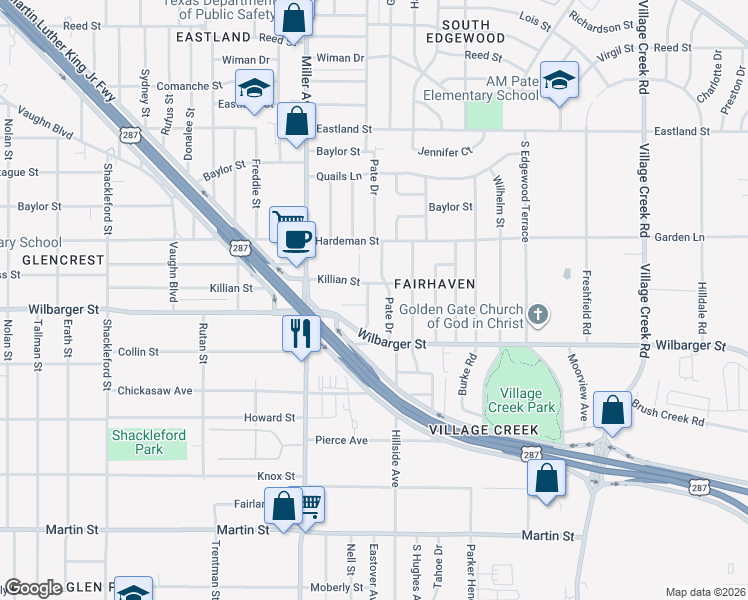 map of restaurants, bars, coffee shops, grocery stores, and more near 4313 Eastover Avenue in Fort Worth