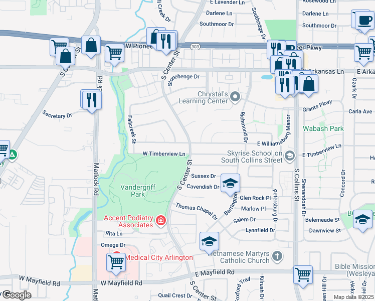 map of restaurants, bars, coffee shops, grocery stores, and more near 103 West Timberview Lane in Arlington