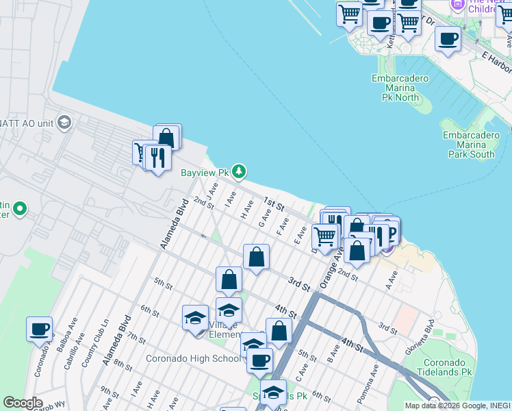 map of restaurants, bars, coffee shops, grocery stores, and more near 123 H Avenue in Coronado