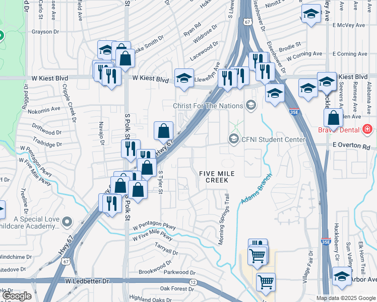 map of restaurants, bars, coffee shops, grocery stores, and more near 3504 Marvin D Love Fwy in Dallas