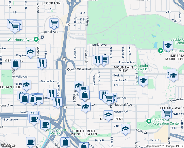 map of restaurants, bars, coffee shops, grocery stores, and more near 529 Olivewood Terrace in San Diego