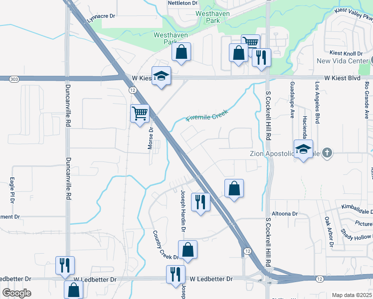 map of restaurants, bars, coffee shops, grocery stores, and more near 3500 South Walton Walker Boulevard in Dallas