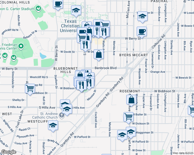 map of restaurants, bars, coffee shops, grocery stores, and more near 3333 Park Ridge Boulevard in Fort Worth