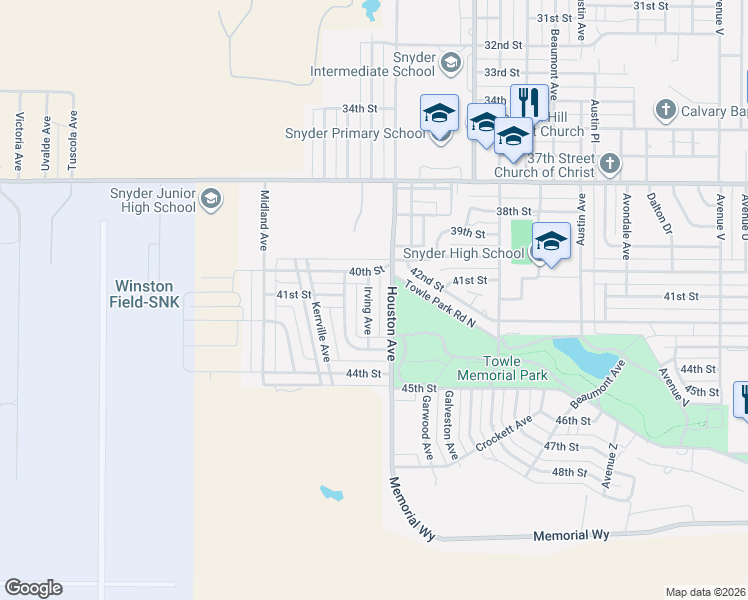 map of restaurants, bars, coffee shops, grocery stores, and more near 4003-4013 Houston Avenue in Snyder