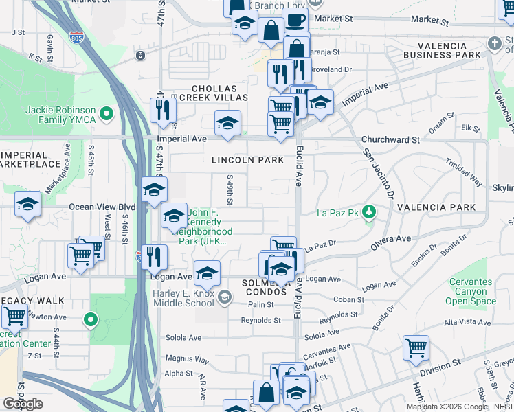 map of restaurants, bars, coffee shops, grocery stores, and more near 2220-2 Ocean View Boulevard in San Diego