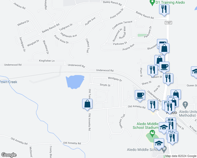 map of restaurants, bars, coffee shops, grocery stores, and more near 709 Westgate Drive in Aledo