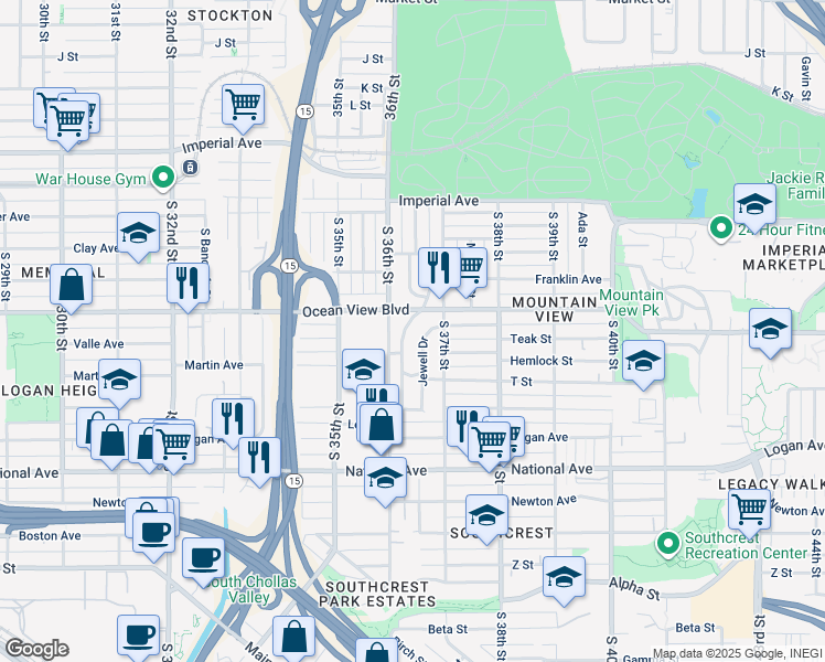 map of restaurants, bars, coffee shops, grocery stores, and more near 529 Olivewood Terrace in San Diego