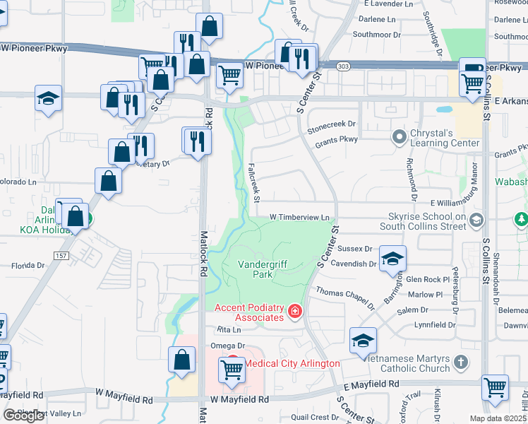 map of restaurants, bars, coffee shops, grocery stores, and more near 247 West Timberview Lane in Arlington