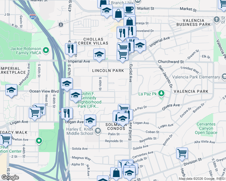 map of restaurants, bars, coffee shops, grocery stores, and more near 5002 Bunnell Street in San Diego