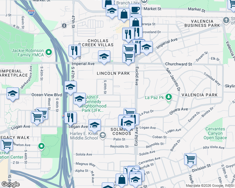 map of restaurants, bars, coffee shops, grocery stores, and more near 5002 Bunnell Street in San Diego