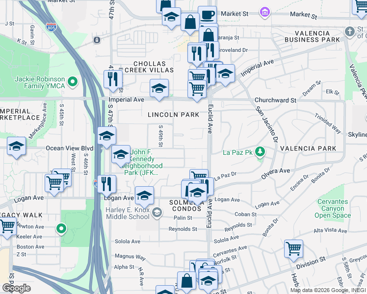 map of restaurants, bars, coffee shops, grocery stores, and more near 5002 Bunnell Street in San Diego
