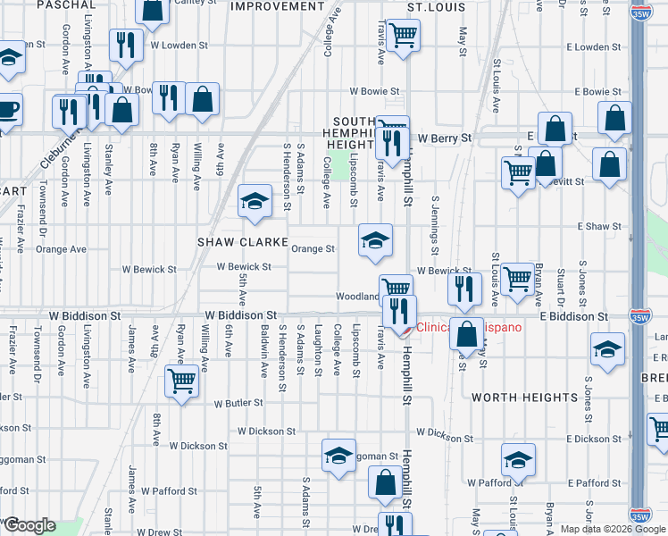map of restaurants, bars, coffee shops, grocery stores, and more near 3408 College Avenue in Fort Worth