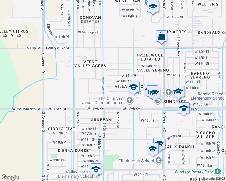 map of restaurants, bars, coffee shops, grocery stores, and more near 4428 West 15th Place in Yuma
