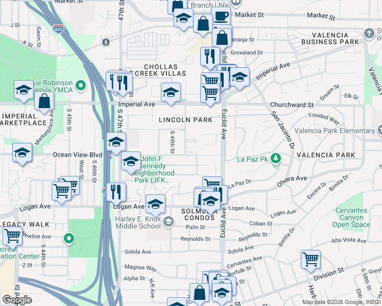 map of restaurants, bars, coffee shops, grocery stores, and more near 4942 Bunnell Street in San Diego