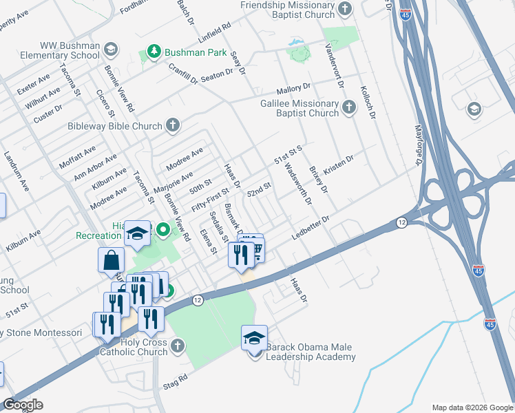 map of restaurants, bars, coffee shops, grocery stores, and more near 4823 Bromfield Street in Dallas