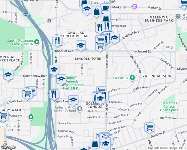 map of restaurants, bars, coffee shops, grocery stores, and more near 5002 Bunnell Street in San Diego