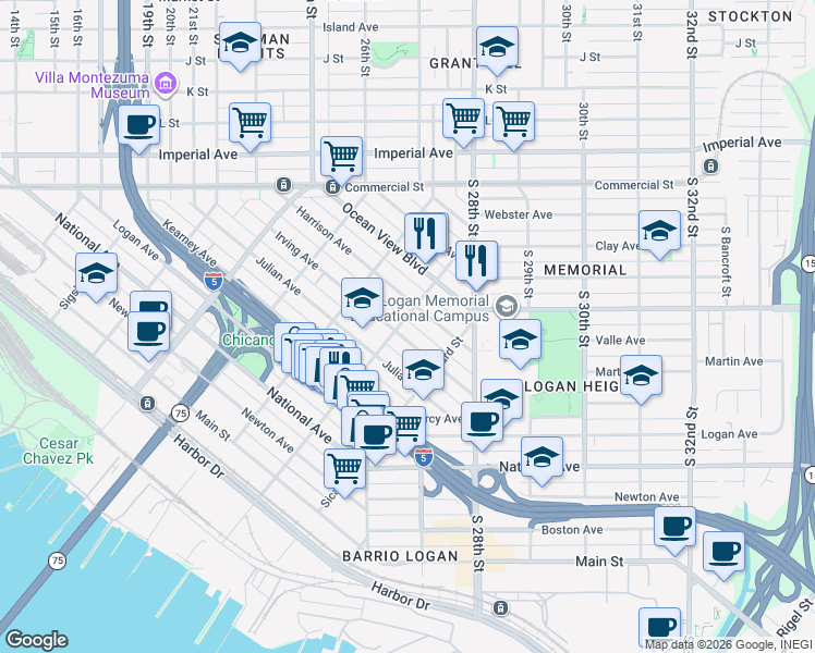 map of restaurants, bars, coffee shops, grocery stores, and more near 2227 Irving Avenue in San Diego