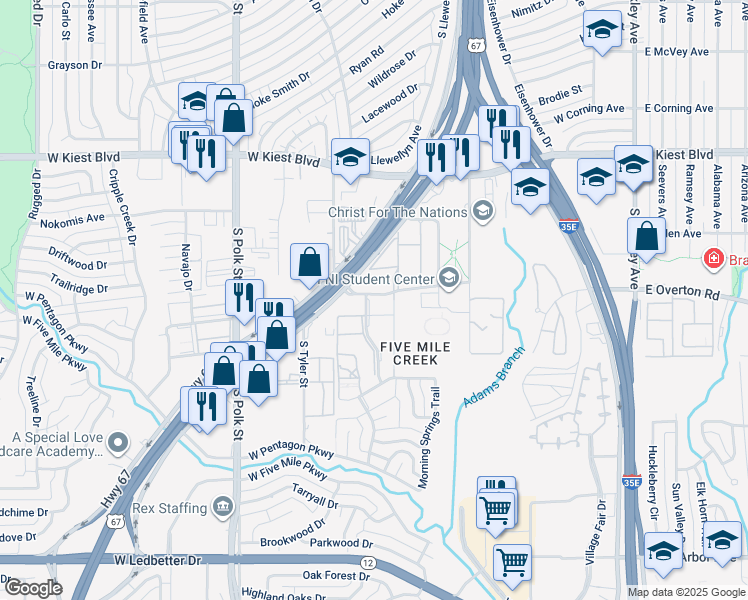 map of restaurants, bars, coffee shops, grocery stores, and more near 3504 Fawn Valley Drive in Dallas
