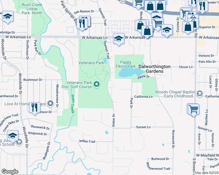 map of restaurants, bars, coffee shops, grocery stores, and more near 2612 Spanish Trail in Arlington
