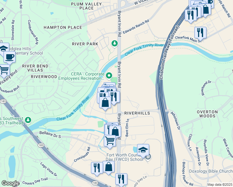 map of restaurants, bars, coffee shops, grocery stores, and more near 3353-3399 Bryant Irvin Rd in Fort Worth