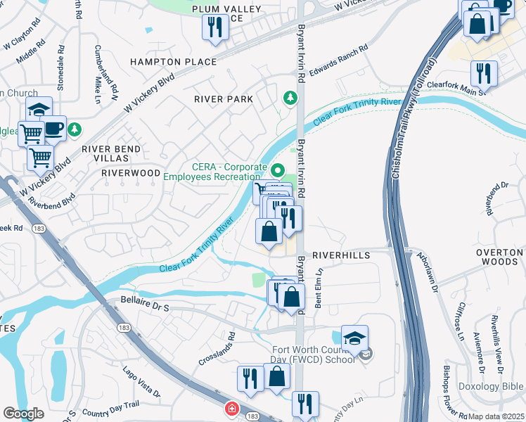 map of restaurants, bars, coffee shops, grocery stores, and more near 5828 Arborlawn Drive in Fort Worth