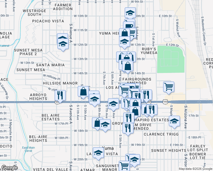 map of restaurants, bars, coffee shops, grocery stores, and more near 1514 South 7th Avenue in Yuma