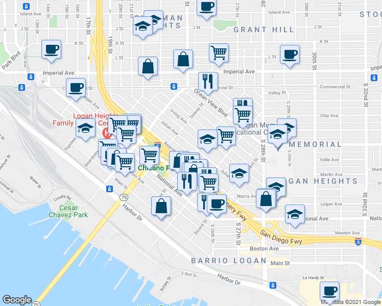 map of restaurants, bars, coffee shops, grocery stores, and more near 2120 Kearney Avenue in San Diego