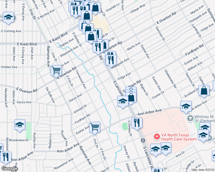 map of restaurants, bars, coffee shops, grocery stores, and more near 4002 South Denley Drive in Dallas