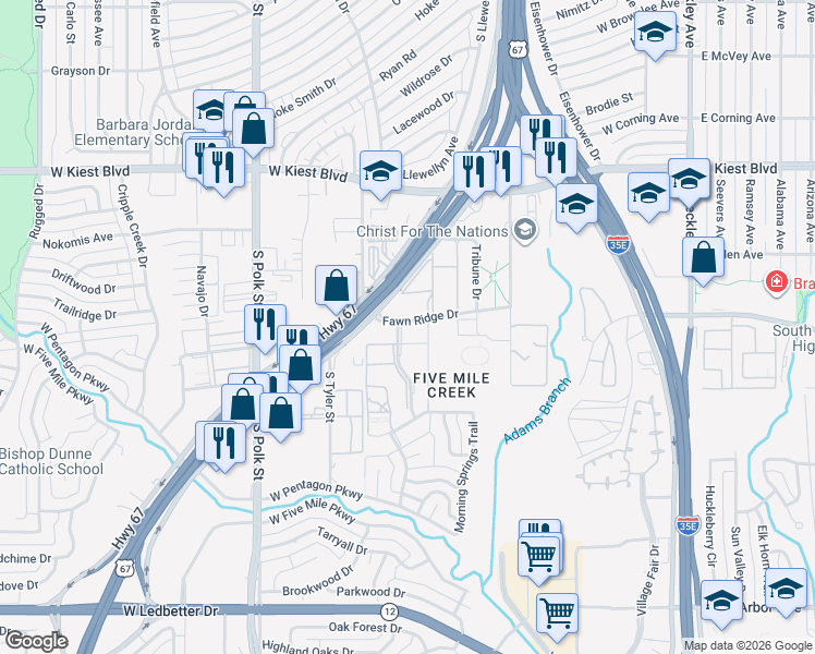 map of restaurants, bars, coffee shops, grocery stores, and more near 3504 Fawn Valley Drive in Dallas