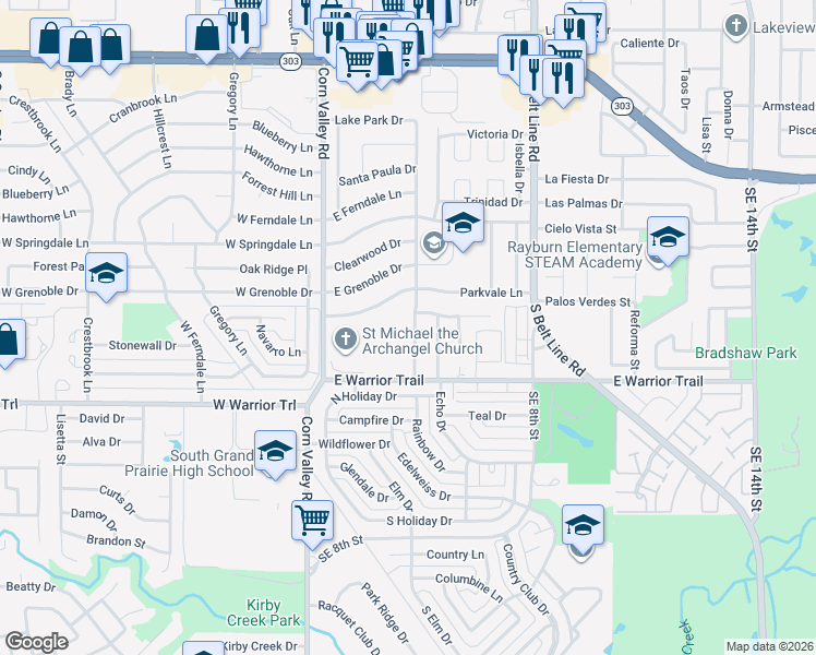 map of restaurants, bars, coffee shops, grocery stores, and more near 211 East Warrior Trail in Grand Prairie