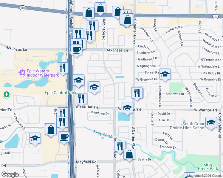 map of restaurants, bars, coffee shops, grocery stores, and more near 1003 Willowbrook Circle in Grand Prairie