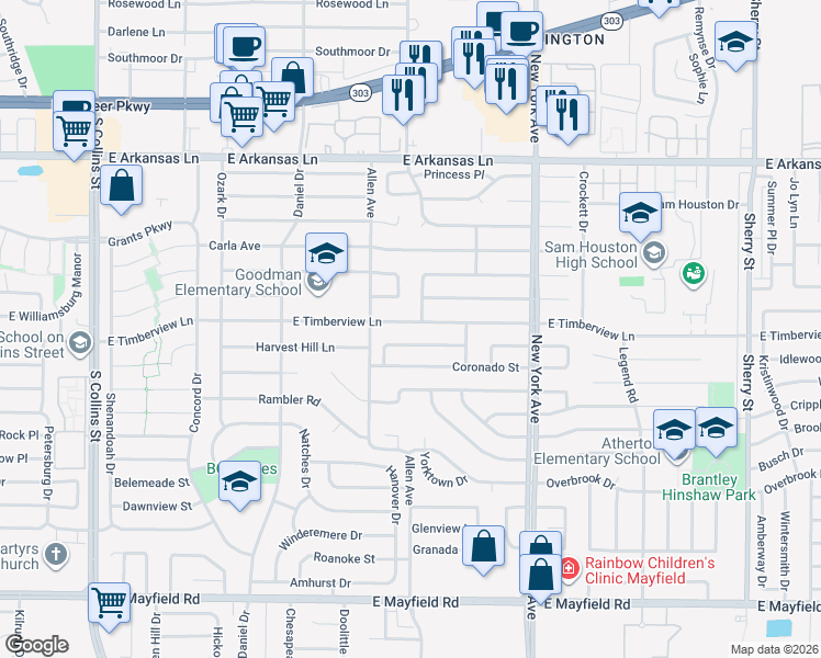 map of restaurants, bars, coffee shops, grocery stores, and more near 1600 Palmwood Trail in Arlington