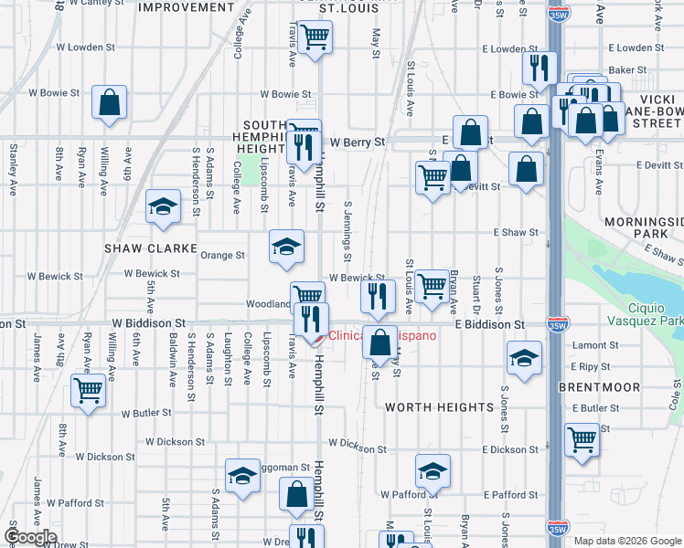 map of restaurants, bars, coffee shops, grocery stores, and more near 3408 South Jennings Avenue in Fort Worth