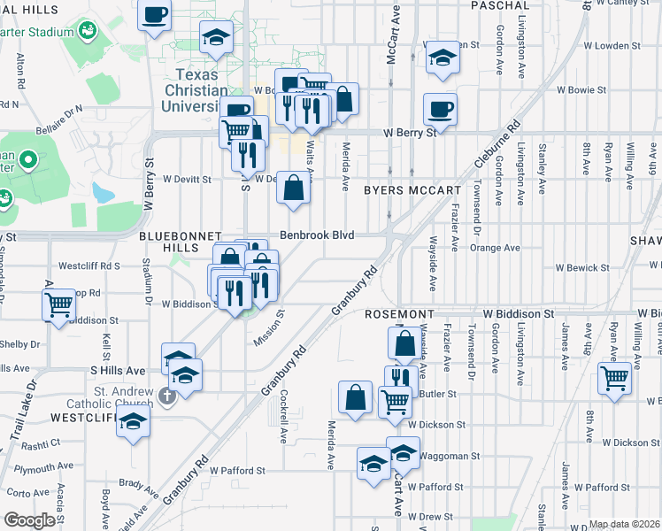 map of restaurants, bars, coffee shops, grocery stores, and more near 2704 West Bewick Street in Fort Worth