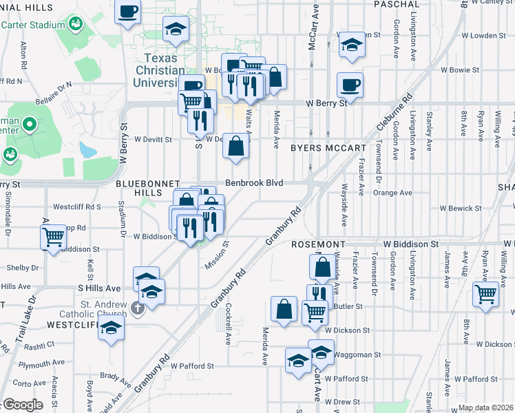 map of restaurants, bars, coffee shops, grocery stores, and more near 2704 West Bewick Street in Fort Worth