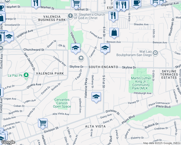 map of restaurants, bars, coffee shops, grocery stores, and more near 5979 Harps Court in San Diego