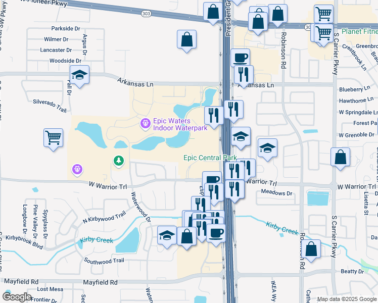 map of restaurants, bars, coffee shops, grocery stores, and more near 2975 Esplanade in Grand Prairie