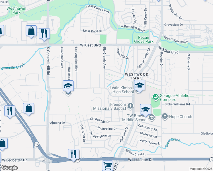 map of restaurants, bars, coffee shops, grocery stores, and more near 3555 Rio Grande Circle in Dallas
