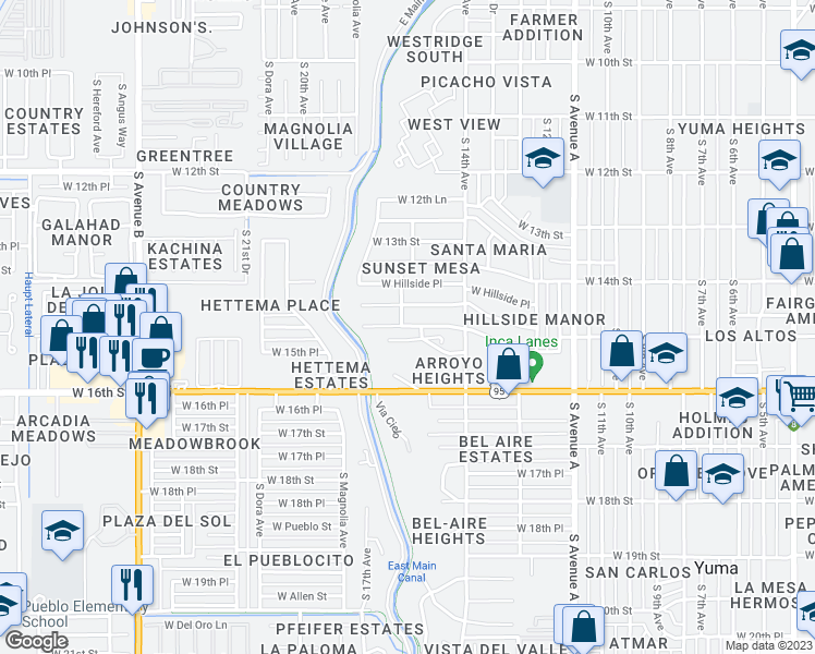 map of restaurants, bars, coffee shops, grocery stores, and more near 1531 West 15th Street in Yuma