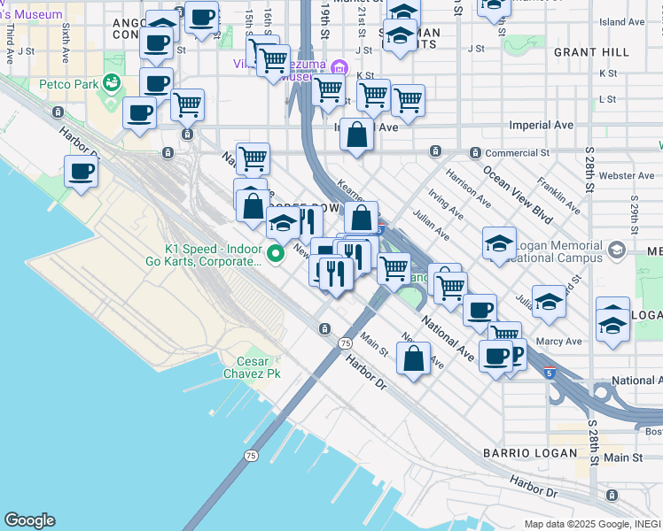 map of restaurants, bars, coffee shops, grocery stores, and more near 1858 Newton Avenue in San Diego