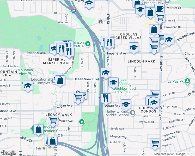 map of restaurants, bars, coffee shops, grocery stores, and more near 2220-2 Ocean View Boulevard in San Diego