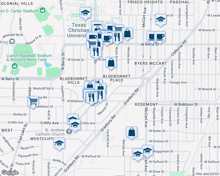 map of restaurants, bars, coffee shops, grocery stores, and more near 3329 Park Ridge Boulevard in Fort Worth