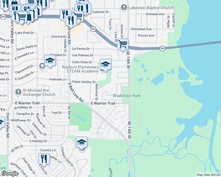 map of restaurants, bars, coffee shops, grocery stores, and more near 2922 Glenwood in Grand Prairie