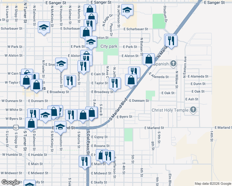 map of restaurants, bars, coffee shops, grocery stores, and more near 1200-1298 E Dunnam St in Hobbs