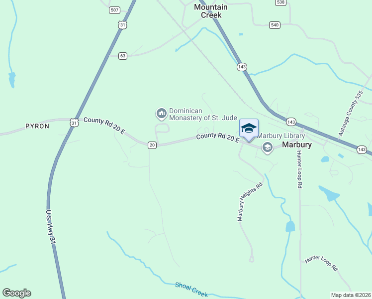 map of restaurants, bars, coffee shops, grocery stores, and more near 162 County Road 20 in Marbury