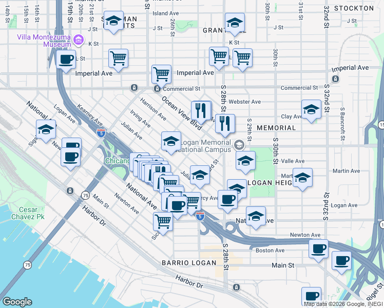 map of restaurants, bars, coffee shops, grocery stores, and more near 2227 Irving Avenue in San Diego